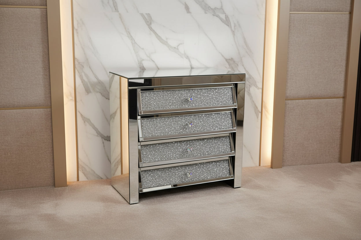 Roma 4 Drawer Chest – Mirrored Crushed Diamond Storage Unit