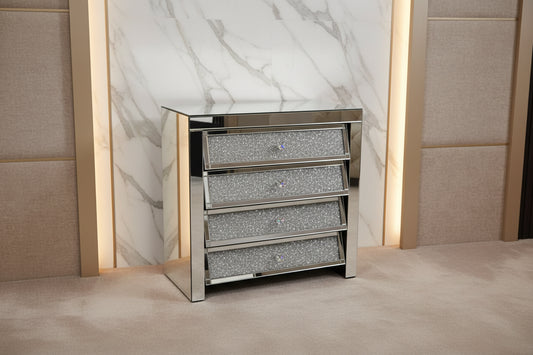 Roma 4 Drawer Chest – Mirrored Crushed Diamond Storage Unit
