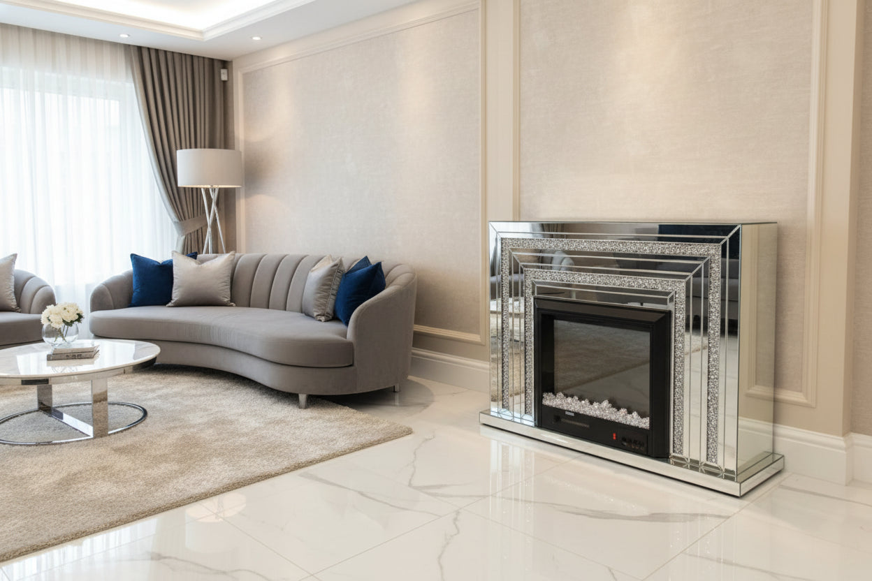 Crushed Diamond Mirrored Electric Fireplace with LED Colour Flames