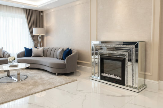 Crushed Diamond Mirrored Electric Fireplace with LED Colour Flames