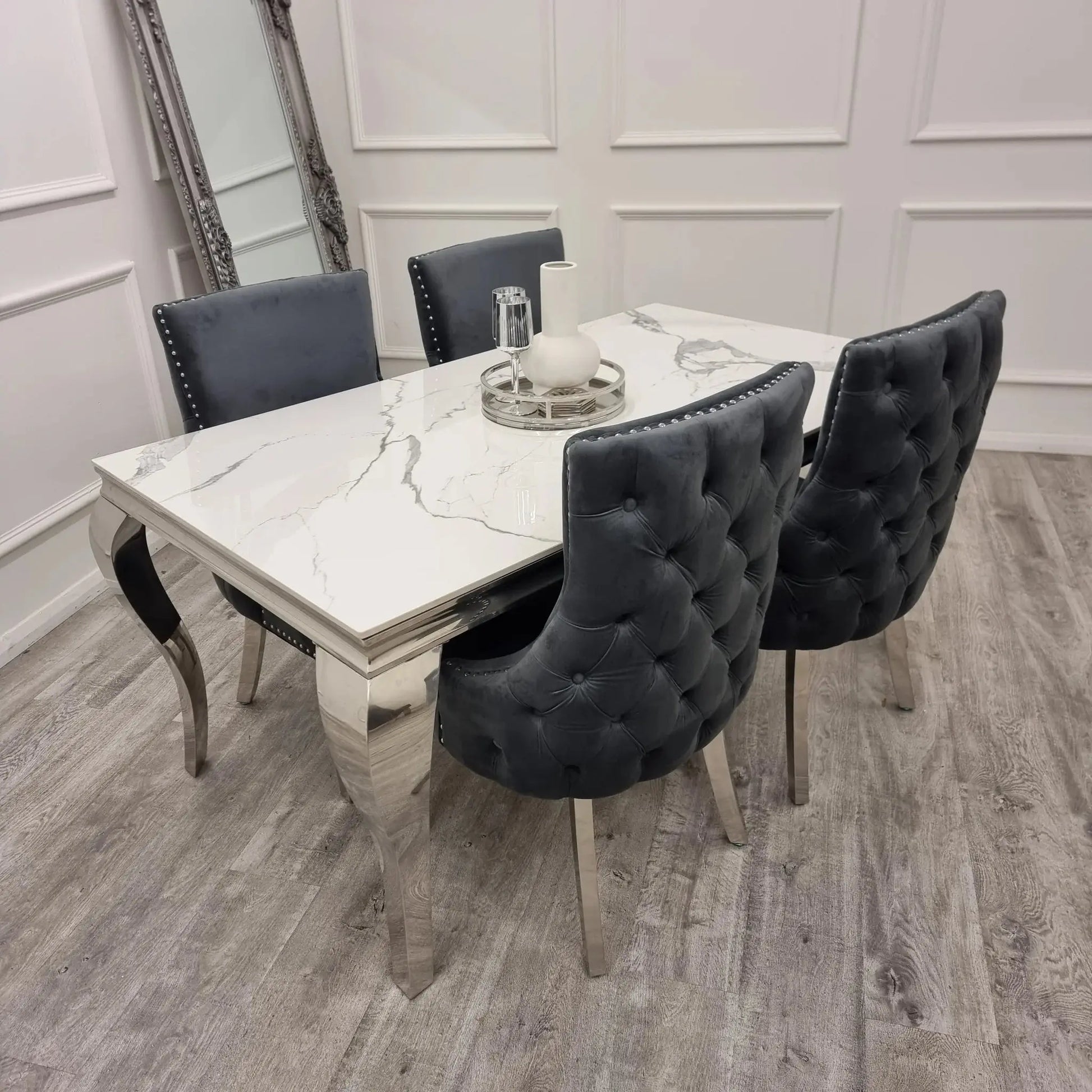 Louis 1.5m Chrome Dining Table Set with 4 Kensington Dark Grey Velvet Chairs