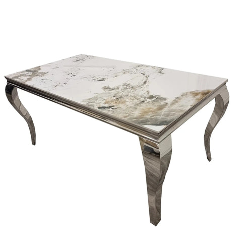 Louis 1.5m Chrome Dining Table Set with 4 Kensington Dark Grey Velvet Chairs Pandora Marble