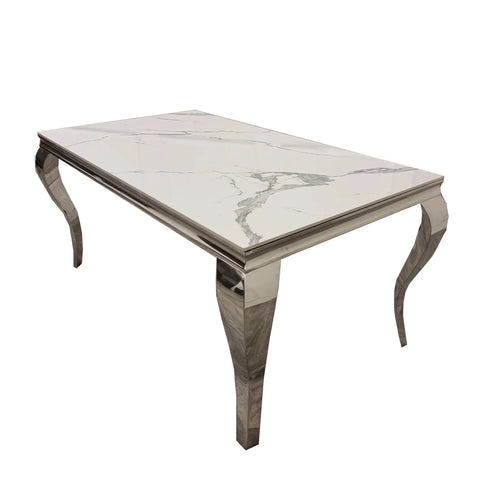 Louis 1.5m Chrome Dining Table Set with 4 Kensington Dark Grey Velvet Chairs White Marble
