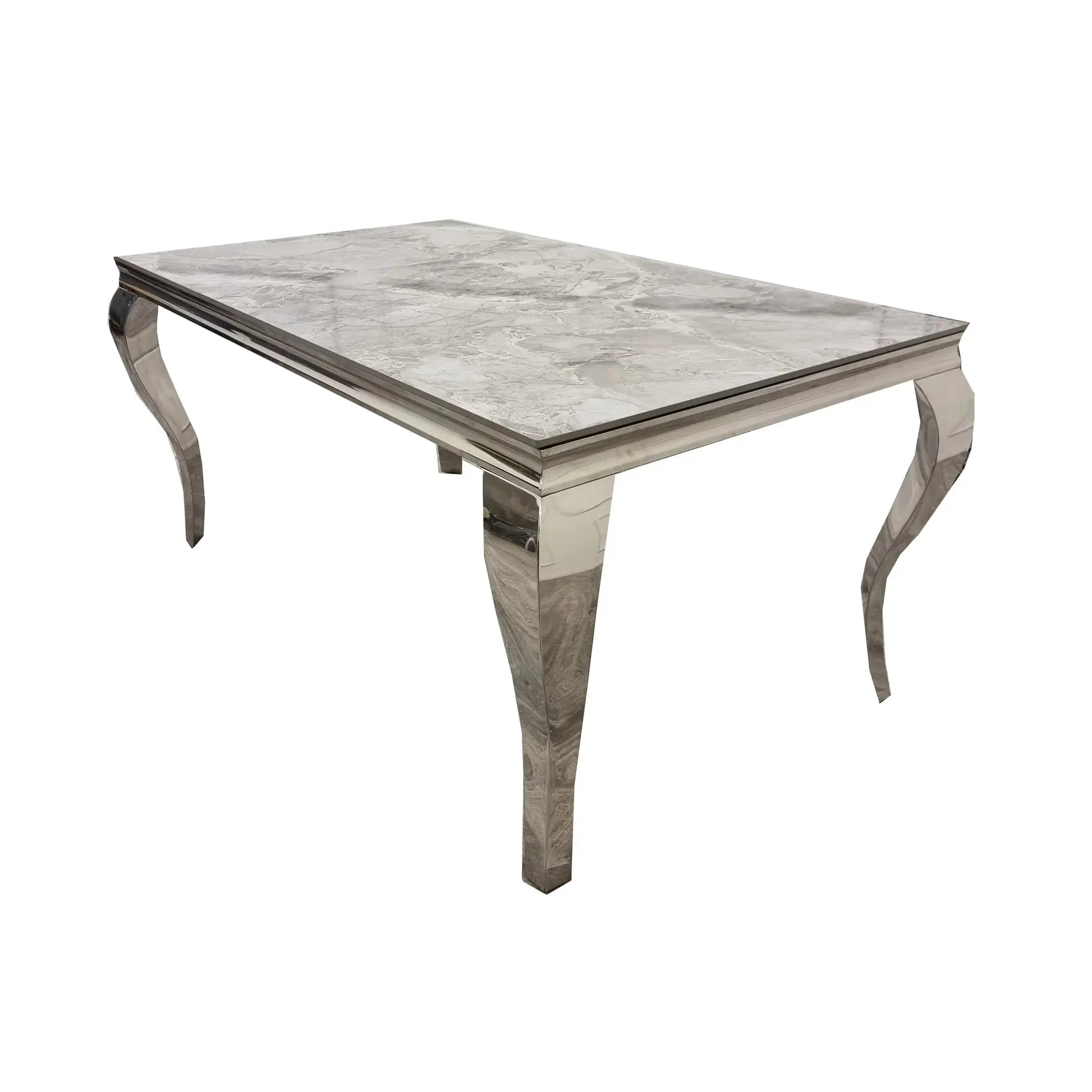 Louis 1.5m Chrome Dining Table Set with 4 Kensington Dark Grey Velvet Chairs Light Grey Marble
