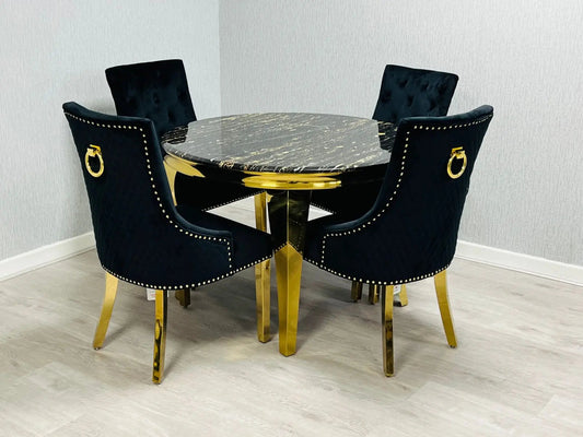 Sofia 110cm Round Black & Gold Dining Table + 4 Majestic Ring Knocker Chairs – Luxury Velvet Dining Set