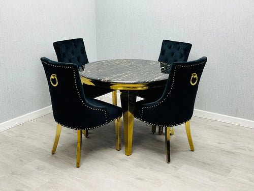 Sofia 110cm Round Black & Gold Dining Table + 4 Majestic Ring Knocker Chairs – Luxury Velvet Dining Set