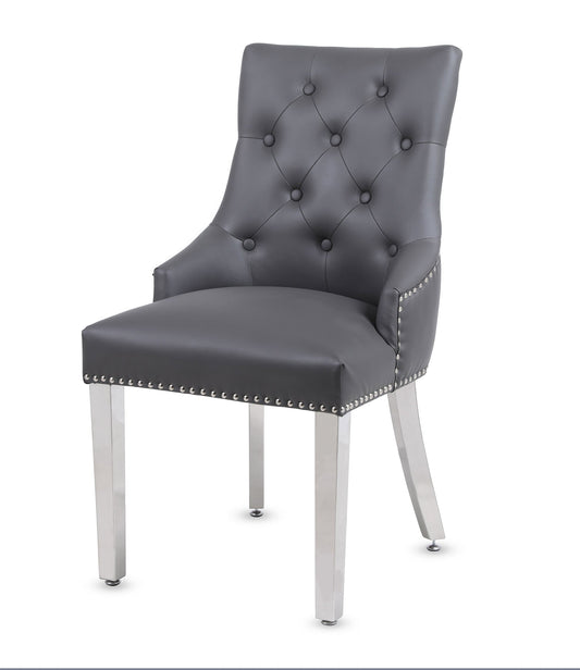 Set of 2 Valencia Hudson Grey PU Leather Dining Chair Ring Knocker