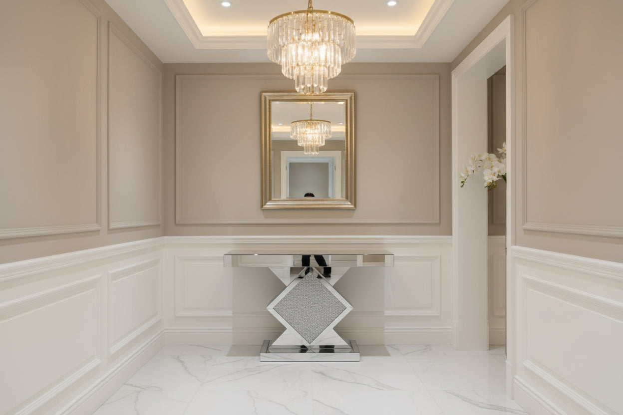 Roma Crushed Diamond Triangle Console Table with White LED