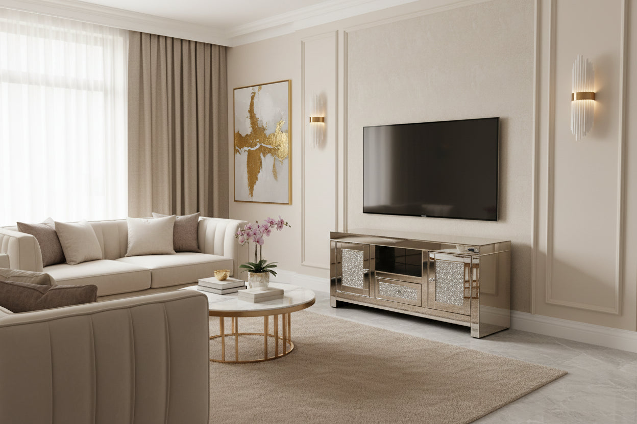 The Roma Mirrored TV Unit 120cm / 150cm features a reflective surface, sparkling crushed diamond panels on the doors and drawers, two side cabinets, and open central shelving—ideal for modern living rooms. Shown on a plain white background.