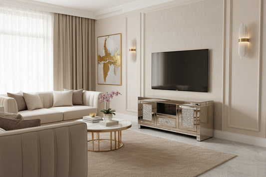 The Roma Mirrored TV Unit 120cm / 150cm features a reflective surface, sparkling crushed diamond panels on the doors and drawers, two side cabinets, and open central shelving—ideal for modern living rooms. Shown on a plain white background.