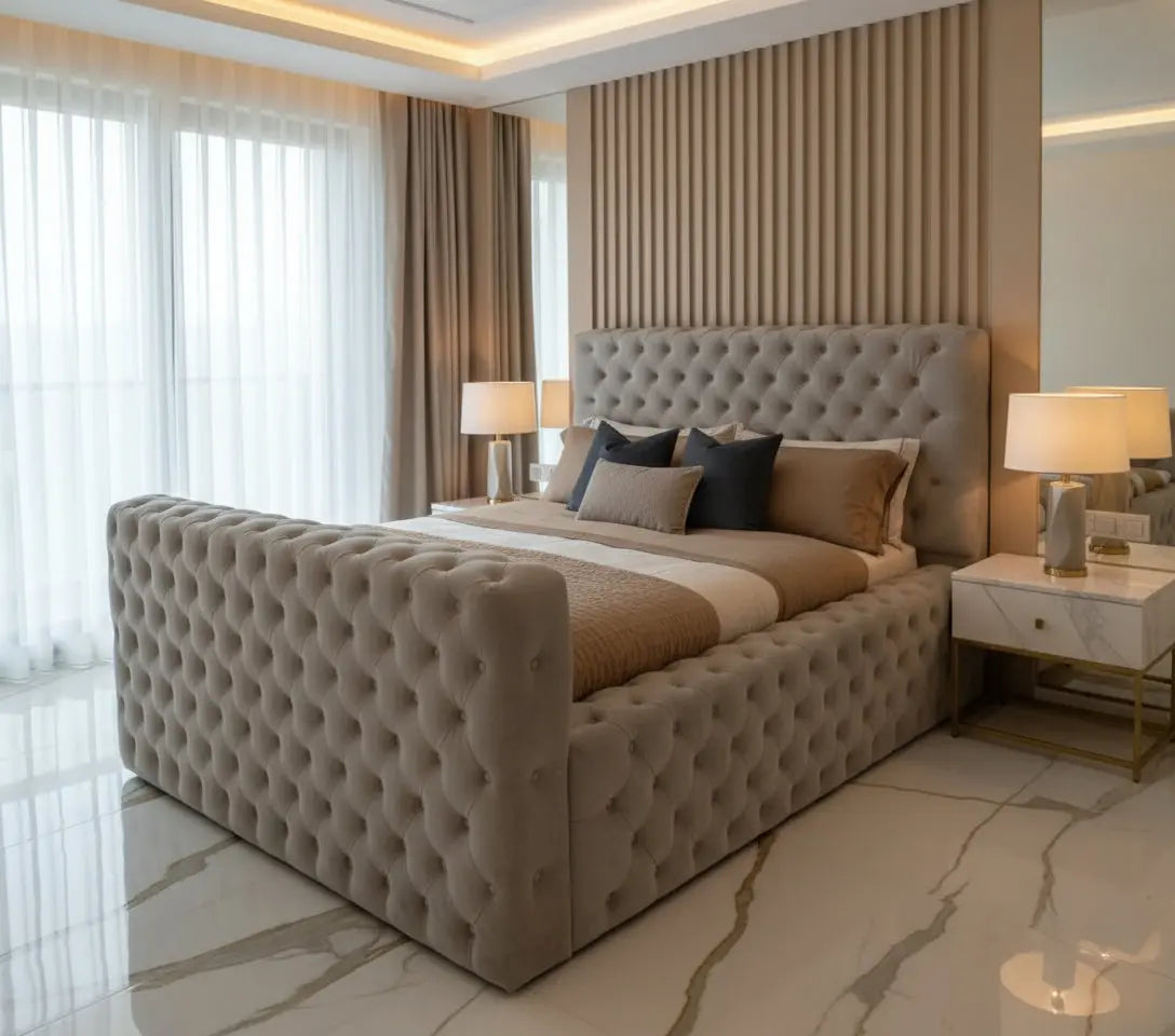 Ambassador Premium Bed Frame in Plush Velvet – Bespoke Handcrafted Chesterfield Design