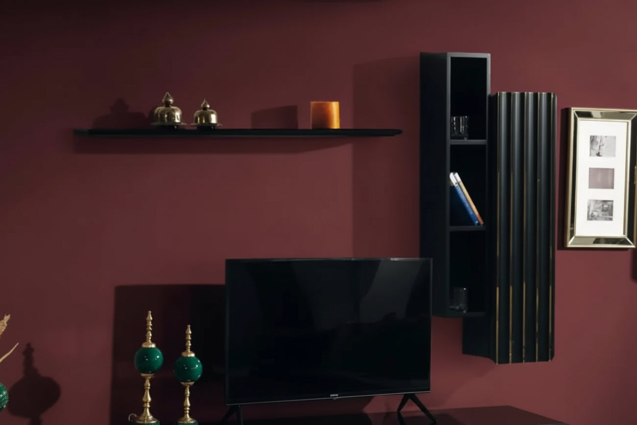LOTUS WALL MOUNT CABINET + SHELF - BLACK AND GOLD