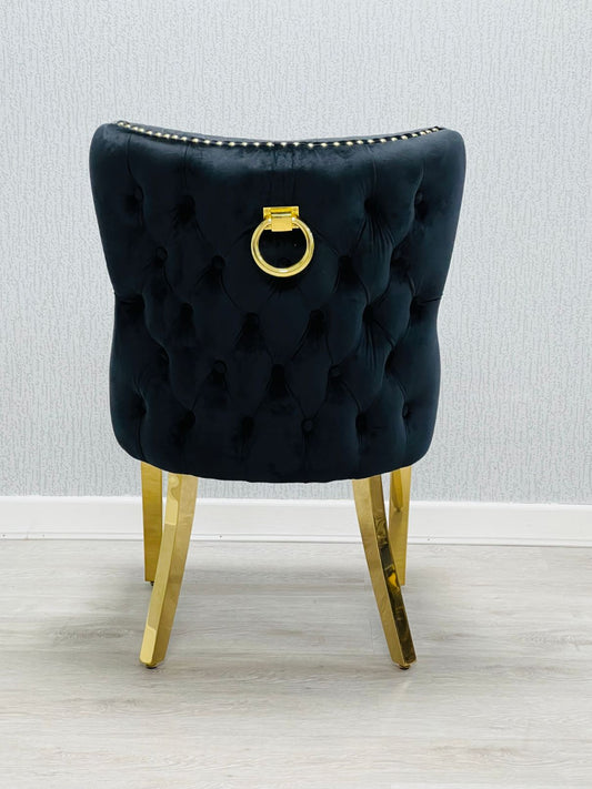 Set of 2 Valentino Gold Velvet Dining Chair – Luxury Upholstered Chair with Knockerback Options | Available in 2 Colours Black Velvet Circle Knocker