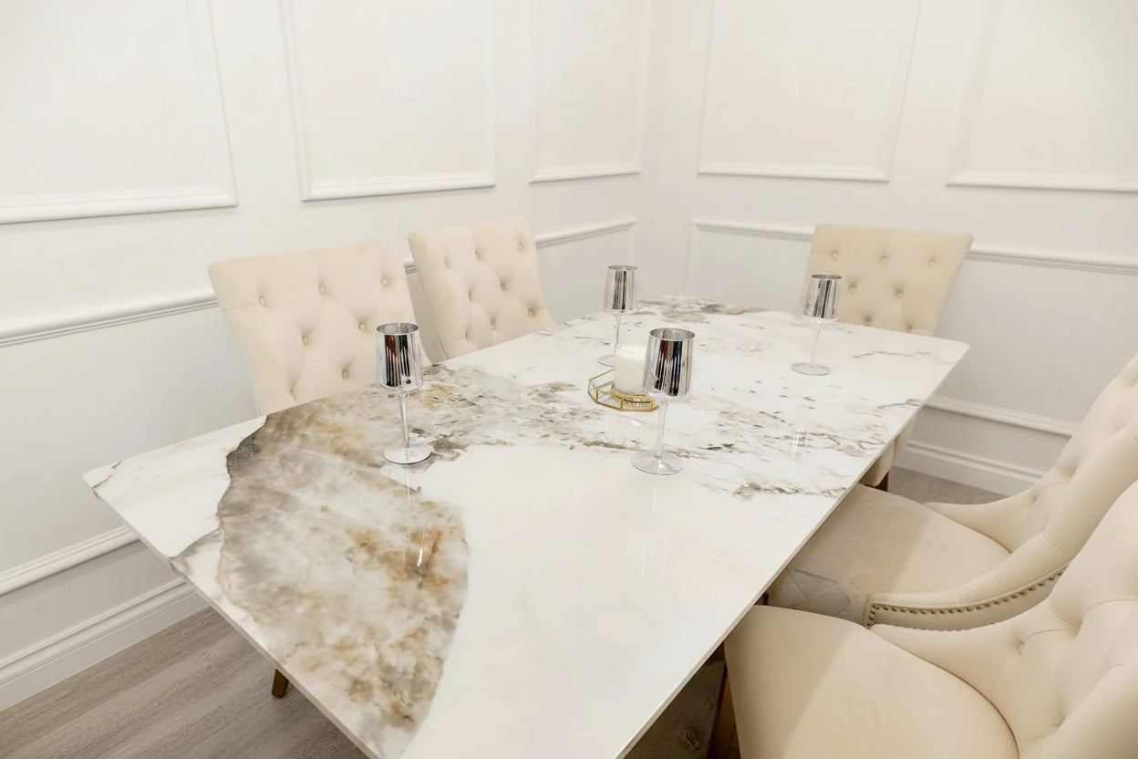 Lucien 1.8m Pandora Gold Sintered Stone Dining Table + Beige Etta Leather Dining Chairs