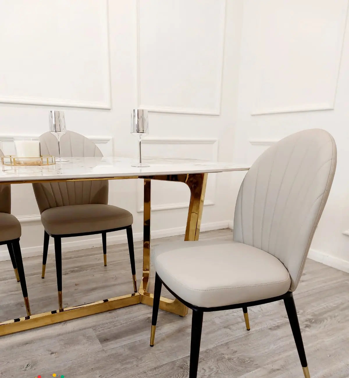 Lucien 1.8m Pandora Gold Sintered Stone Dining Table + Beige Etta Leather Dining Chairs