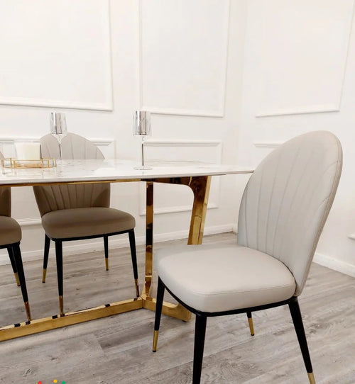Lucien 1.8m Pandora Gold Sintered Stone Dining Table + Beige Etta Leather Dining Chairs