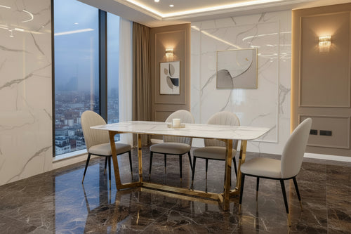 Lucien 1.8m Pandora Gold Sintered Stone Dining Table + Beige Etta Leather Dining Chairs
