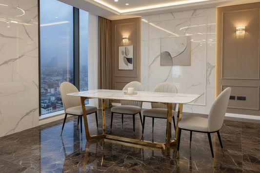 Lucien 1.8m Pandora Gold Sintered Stone Dining Table + Beige Etta Leather Dining Chairs