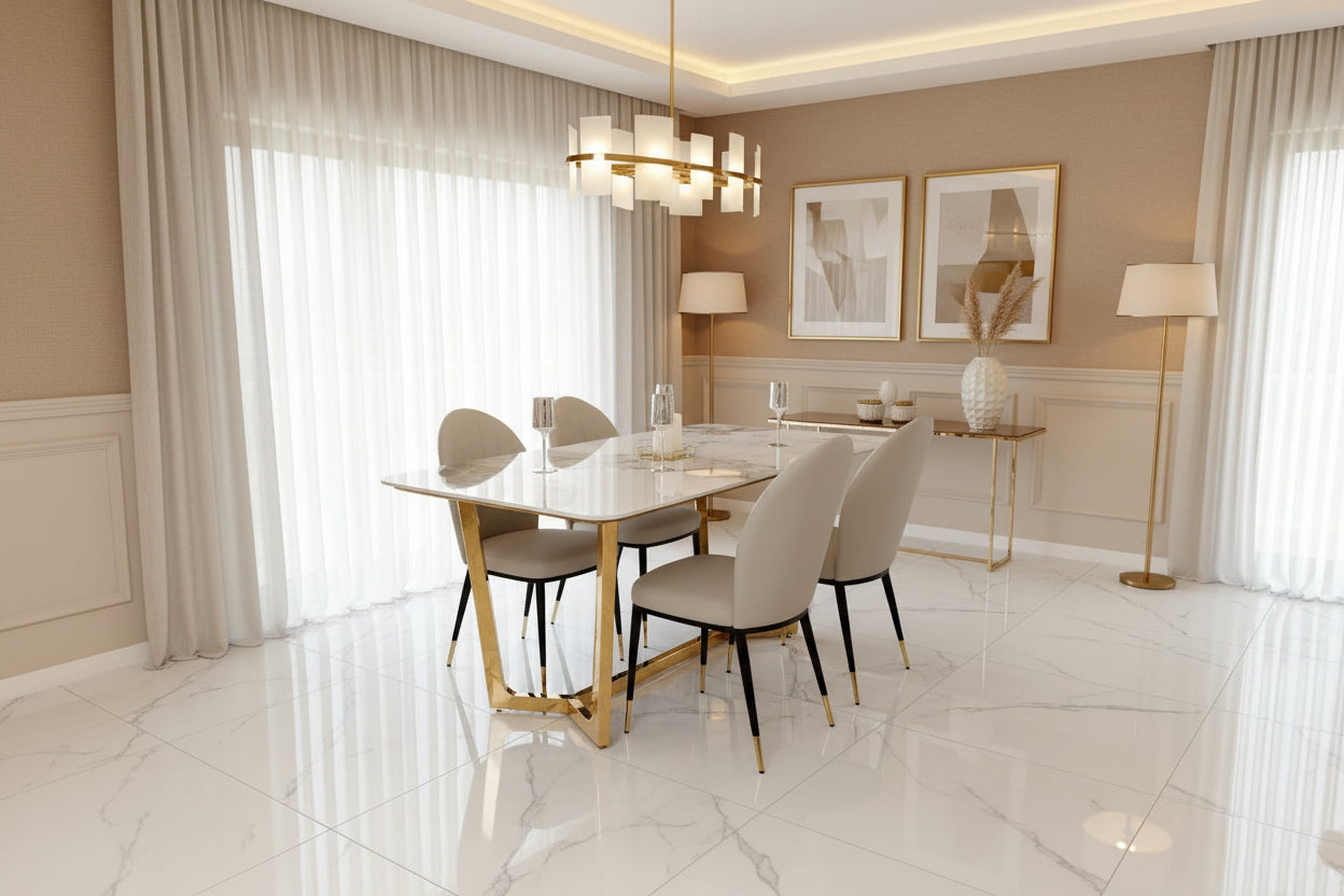 Lucien 1.8m Pandora Gold Sintered Stone Dining Table + Beige Etta Leather Dining Chairs