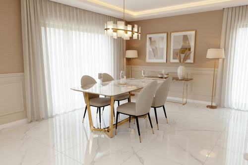 Lucien 1.8m Pandora Gold Sintered Stone Dining Table + Beige Etta Leather Dining Chairs
