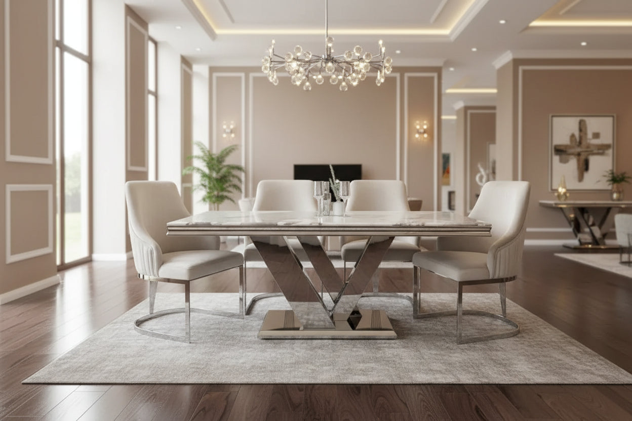 Venice 1.8m Dining Table + Chelmsford Dining Chairs – Luxury Marble Dining Set