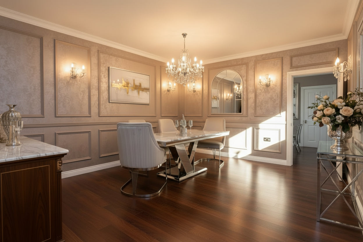 Venice 1.8m Dining Table + Chelmsford Dining Chairs – Luxury Marble Dining Set