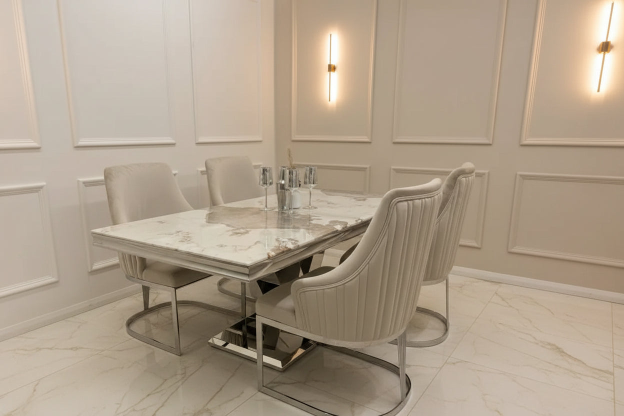 Venice 1.8m Dining Table + Chelmsford Dining Chairs – Luxury Marble Dining Set