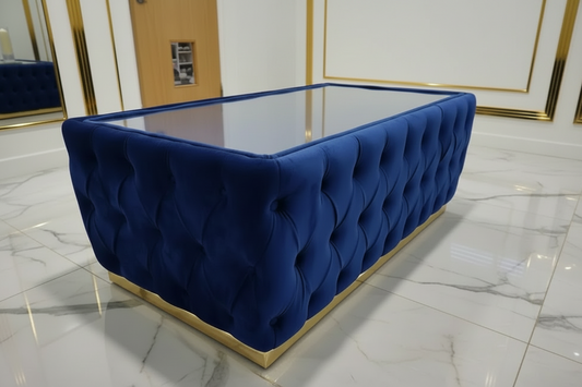 120cm x 60cm CHESTERFIELD UPHOLSTERED FOOTSTOOL/COFFEE TABLE WITH GLASS F I INTERIORS