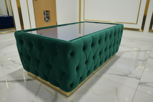Chesterfield Upholstered Footstool With Glass Top Emerald Green 120cm x 60cm F I INTERIORS
