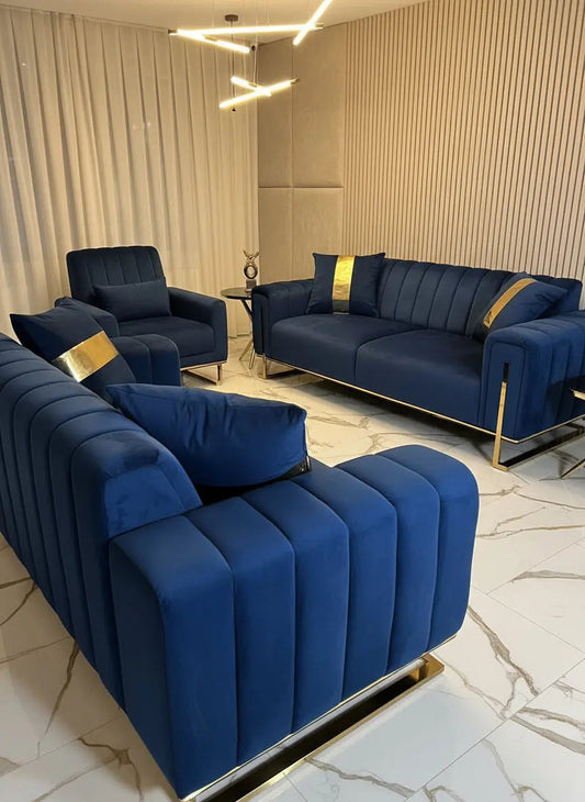 Genova 3+2 Seater Sofa Range – Navy Velvet with Gold Legs | Modern Luxury Sofa