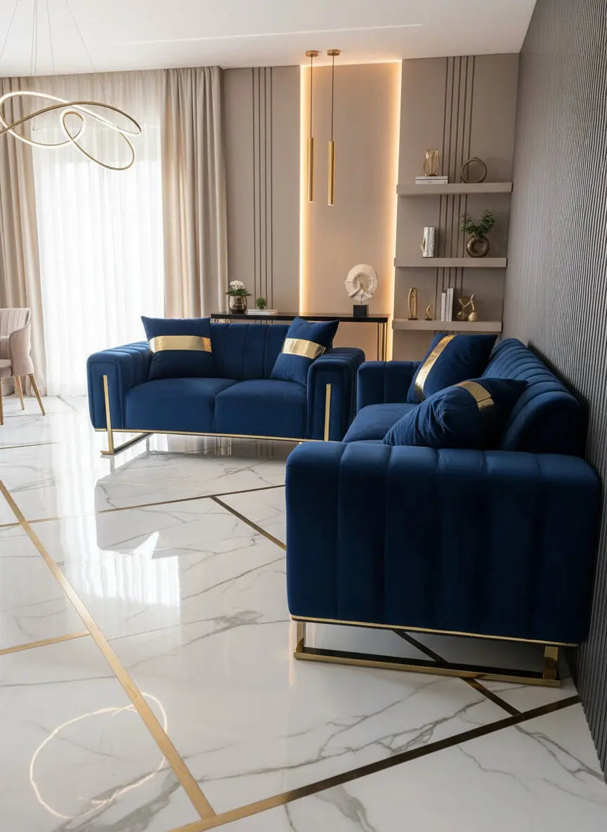 Genova 3+2 Seater Sofa Range – Navy Velvet with Gold Legs | Modern Luxury Sofa