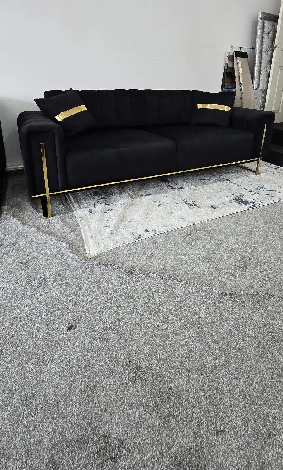 Genova 3+2 Seater Sofa Range – Black Velvet with Gold Legs | Modern Luxury Sofa