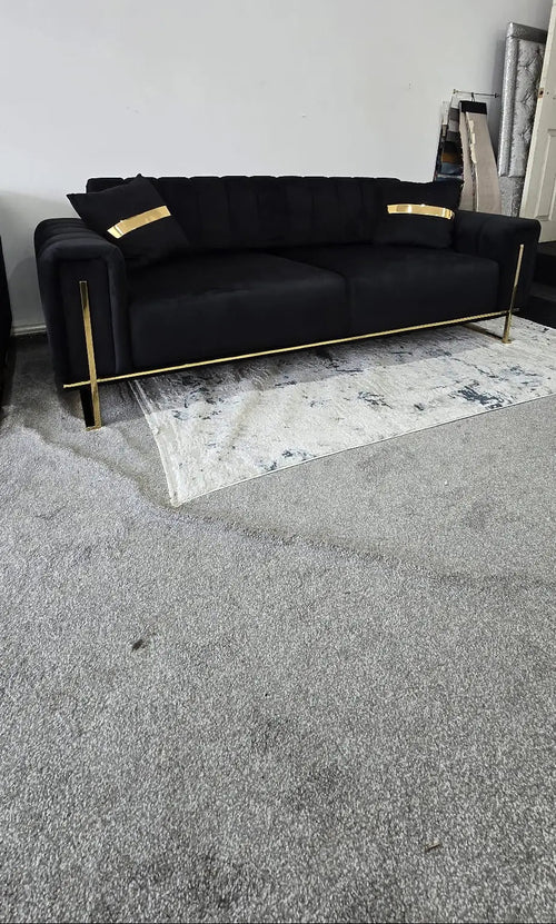 Genova 3+2 Seater Sofa Range – Black Velvet with Gold Legs | Modern Luxury Sofa