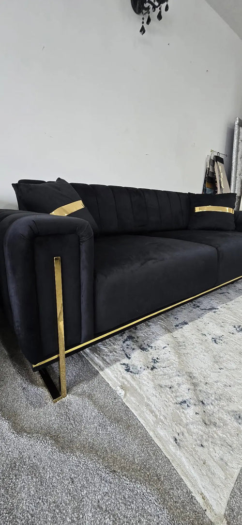 Genova 3+2 Seater Sofa Range – Black Velvet with Gold Legs | Modern Luxury Sofa
