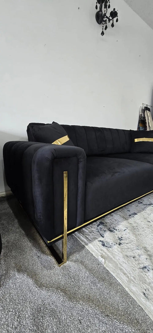 Genova 3+2 Seater Sofa Range – Black Velvet with Gold Legs | Modern Luxury Sofa