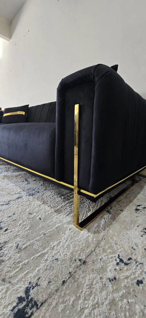 Genova 3+2 Seater Sofa Range – Black Velvet with Gold Legs | Modern Luxury Sofa