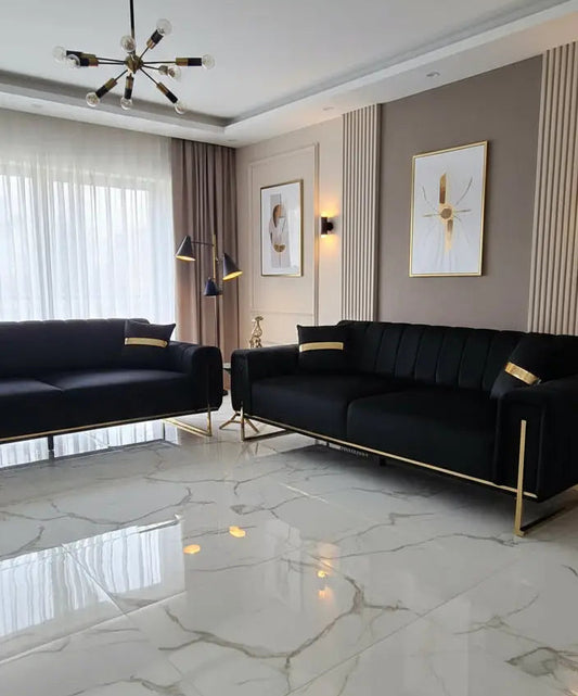 Genova 3+2 Seater Sofa Range – Black Velvet with Gold Legs | Modern Luxury Sofa