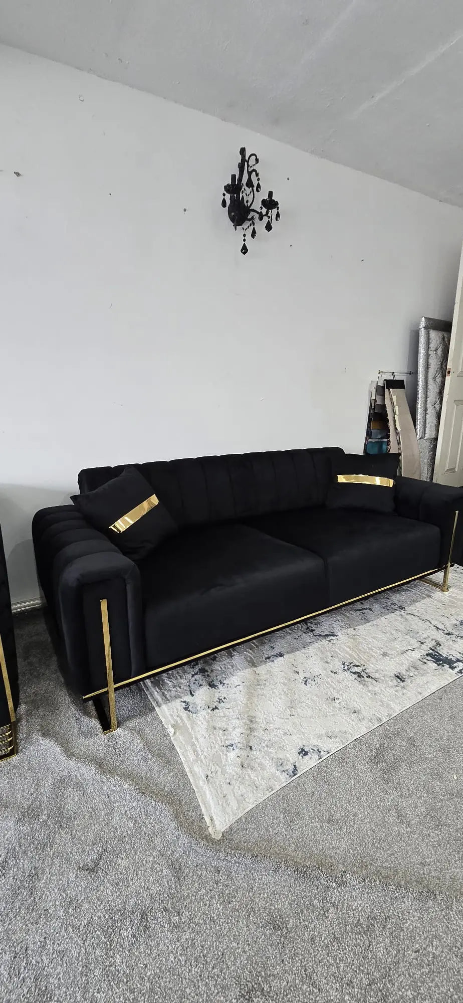 Genova 3+2 Seater Sofa Range – Black Velvet with Gold Legs | Modern Luxury Sofa