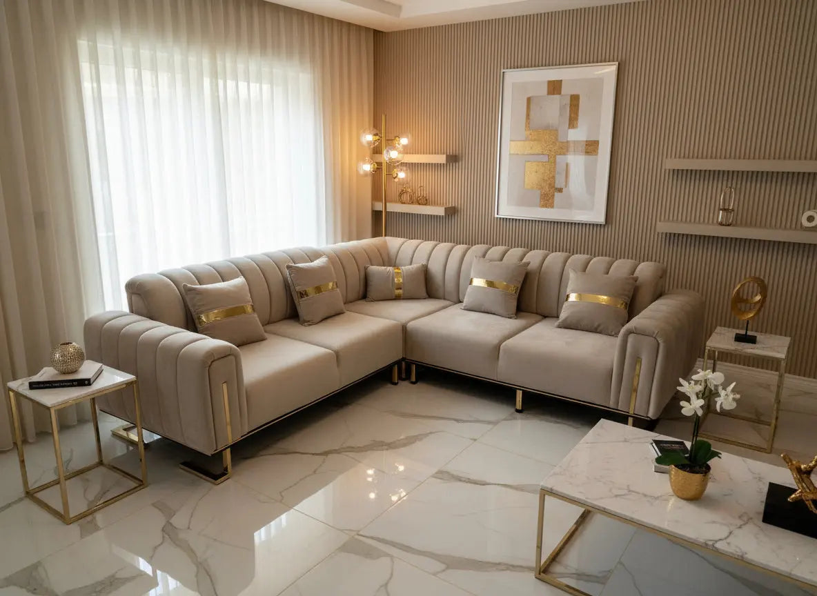 Genova Corner Sofa – Champagne Velvet with Gold Detailing | Luxury L-Shaped Sofa