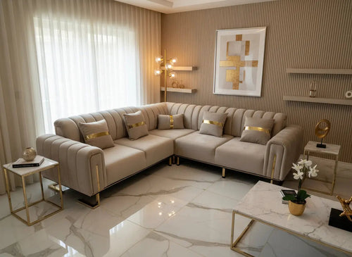 Genova Corner Sofa – Champagne Velvet with Gold Detailing | Luxury L-Shaped Sofa