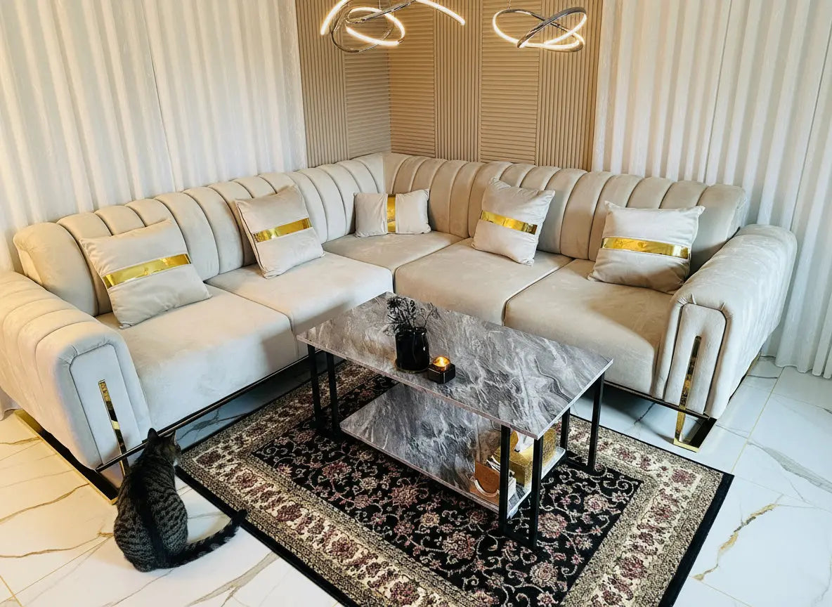 Genova Corner Sofa – Champagne Velvet with Gold Detailing | Luxury L-Shaped Sofa