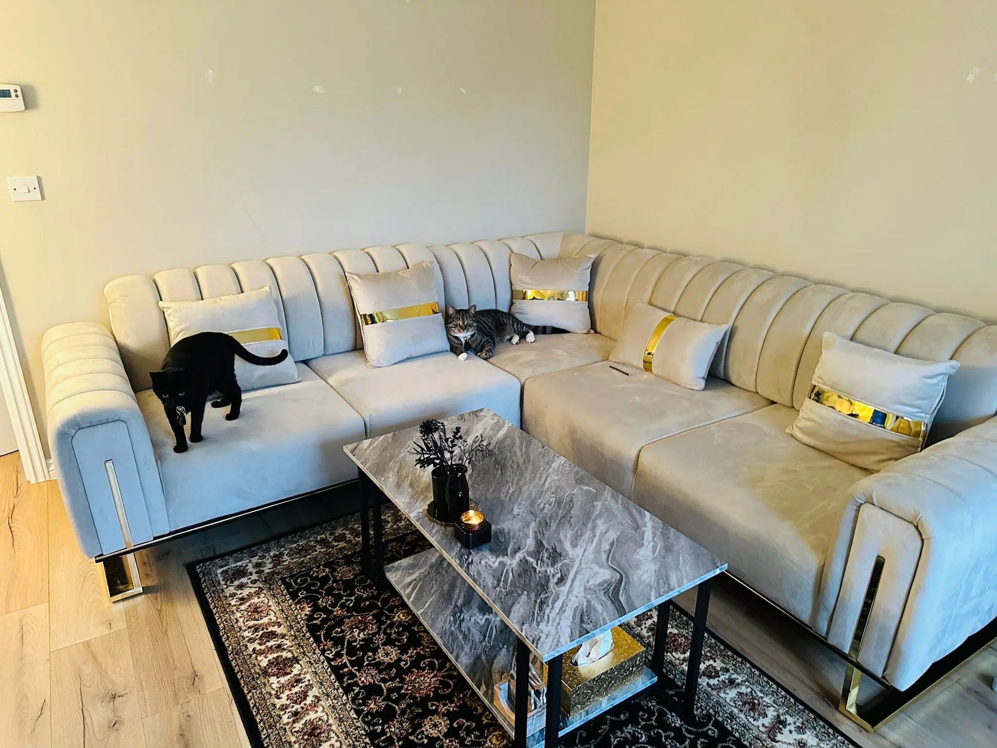 Genova Corner Sofa – Champagne Velvet with Gold Detailing | Luxury L-Shaped Sofa