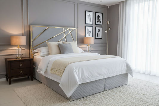 Helix Bedframe 4ft6 Double Silver Velvet Gold Detailing - Headboard & Ottoman Base CELEBRITY INTERIORS