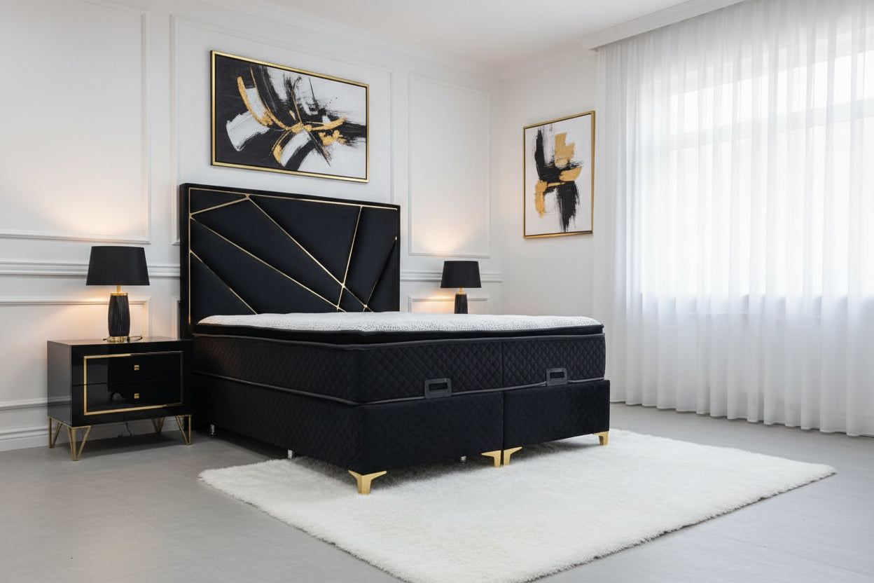 Helix Black Velvet Headboard with Gold Detailing