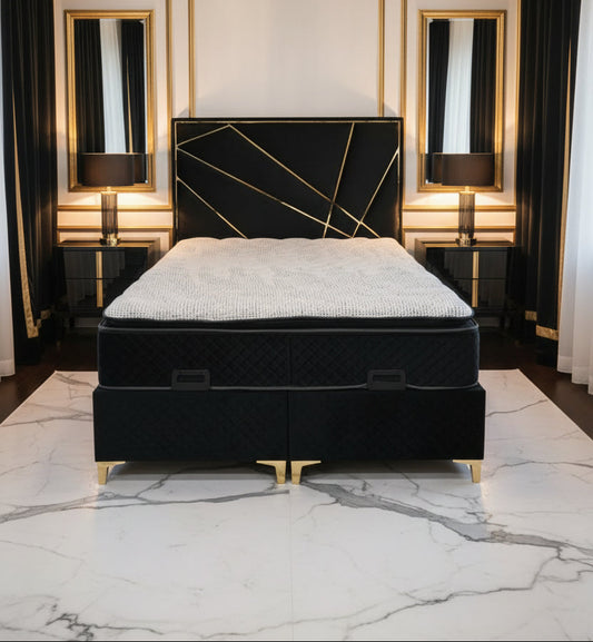 Helix Black Velvet Headboard with Gold Detailing
