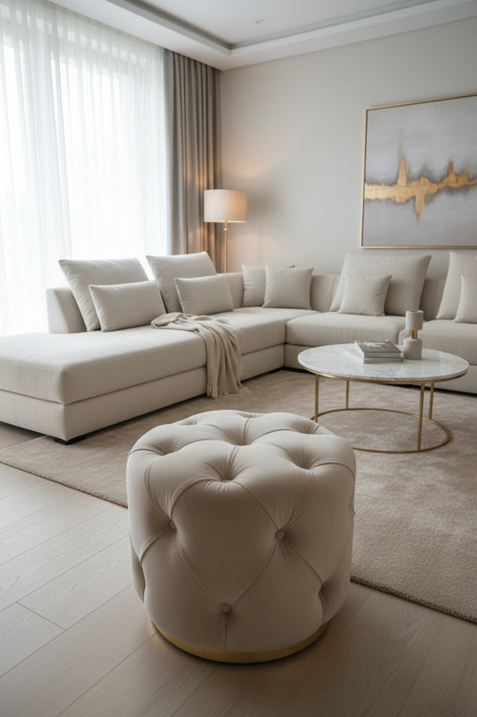 Velvet Pouf with Gold Base – Navy & Beige Options, Stylish Accent Piece Livara Interiors