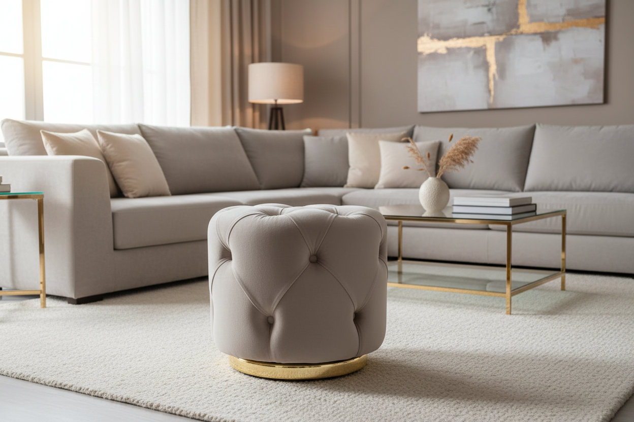 Velvet Pouf with Gold Base – Navy & Beige Options, Stylish Accent Piece Livara Interiors