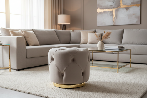 Velvet Pouf with Gold Base – Navy & Beige Options, Stylish Accent Piece Livara Interiors