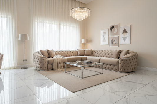 Khalifa Corner Sofa – Beige Velvet with Chrome Detailing (290cm x 240cm) Livara Interiors