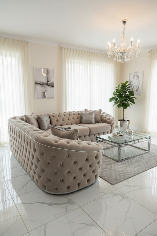 Khalifa Corner Sofa – Beige Velvet with Chrome Detailing (290cm x 240cm) Livara Interiors
